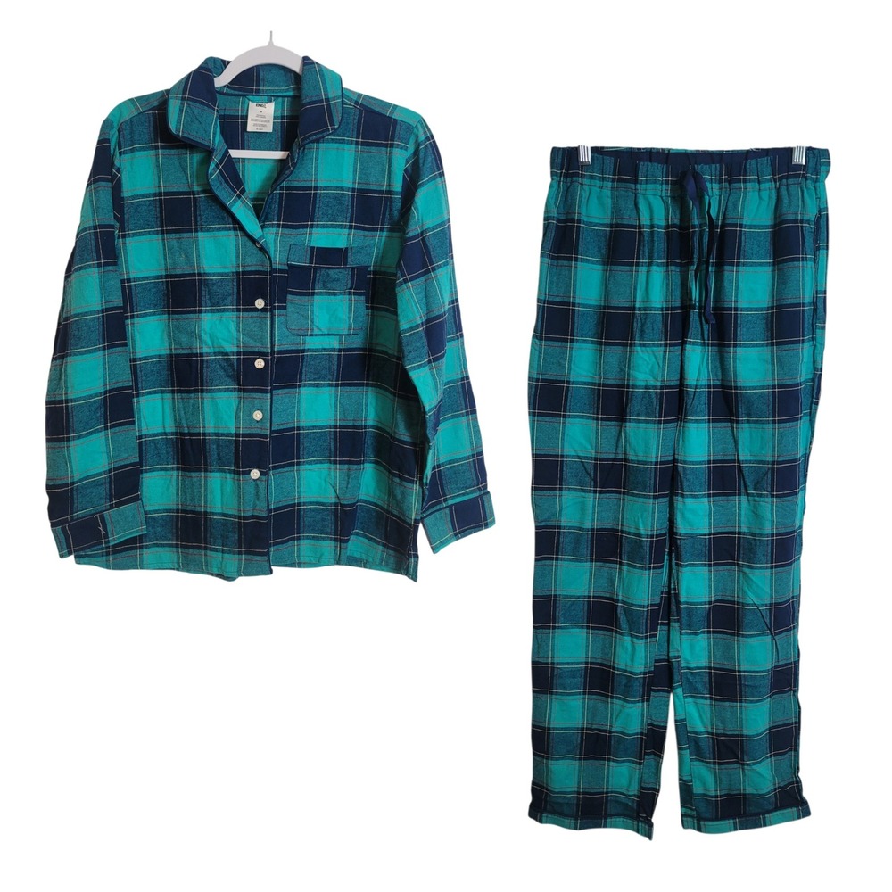 Lands End Womens Teal Navy Blue Plaid Cotton Flannel Pajama Set Size Medium